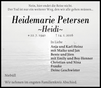 Traueranzeige von Heidemarie Petersen von Nordfriesland Tageblatt