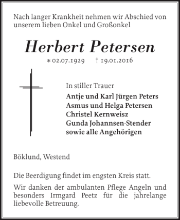 Traueranzeige von Herbert Petersen von Schleswiger Nachrichten