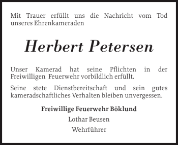 Traueranzeige von Herbert Petersen von Schleswiger Nachrichten