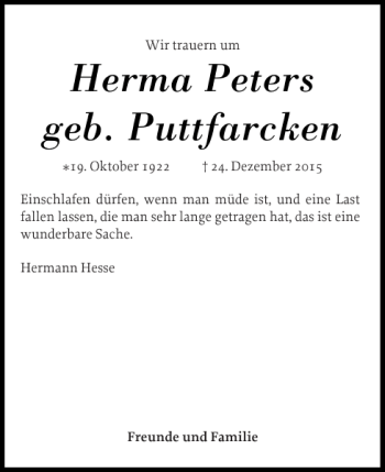 Traueranzeige von Herma Peters geb. Puttfarcken von Pinneberger Tageblatt