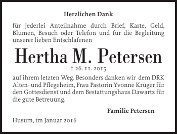 Traueranzeige von Hertha M. Petersen von Husumer Nachrichten