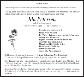 Traueranzeige von Ida Petersen von Flensburger Tageblatt