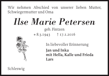 Traueranzeige von Ilse Marie Petersen von Schleswiger Nachrichten