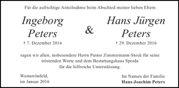 Traueranzeige von Ingeborg Peters Hans Jürgen Peters von Landeszeitung