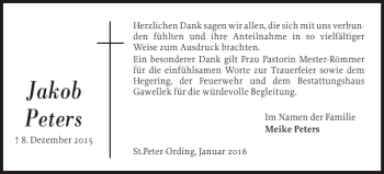 Traueranzeige von Jakob Peters von Husumer Nachrichten