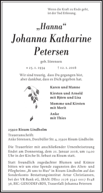 Traueranzeige von Johanna Katharine Petersen von Nordfriesland Tageblatt