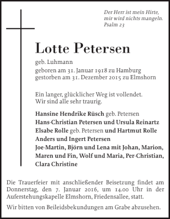 Traueranzeige von Lotte Petersen von Elmshorner Nachrichten