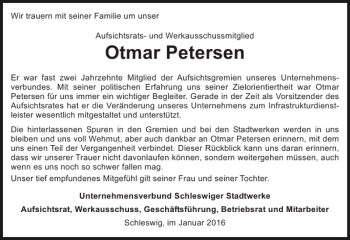 Traueranzeige von Otmar Petersen von Schleswiger Nachrichten