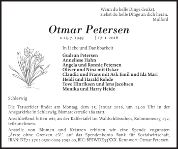 Traueranzeige von Otmar Petersen von Schleswiger Nachrichten