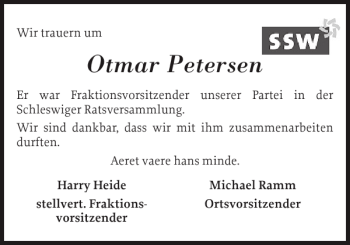 Traueranzeige von Otmar Petersen von Schleswiger Nachrichten
