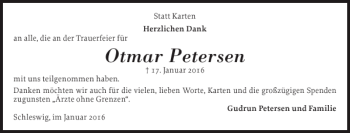 Traueranzeige von Otmar Petersen von Schleswiger Nachrichten