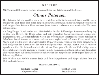 Traueranzeige von Otmar Petersen von Schleswiger Nachrichten