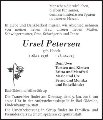 Traueranzeige von Ursel Petersen von Flensburger Tageblatt