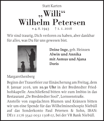 Traueranzeige von Willi Wilhelm Petersen von Husumer Nachrichten