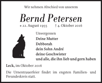Traueranzeige von Bernd Petersen von Nordfriesland Tageblatt
