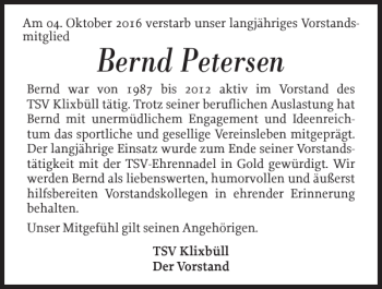 Traueranzeige von Bernd Petersen von Nordfriesland Tageblatt