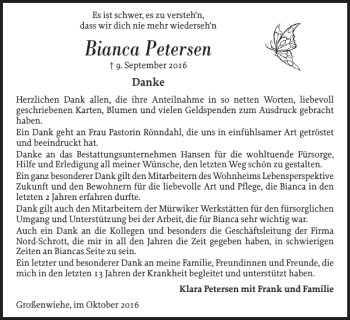 Traueranzeige von Bianca Petersen von Flensburger Tageblatt