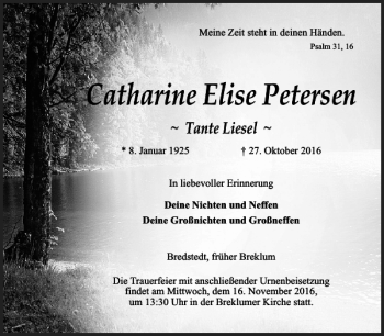 Traueranzeige von Catharine Elise Petersen von Flensburger Tageblatt