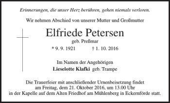 Traueranzeige von Elfriede Petersen von Eckernförder Zeitung