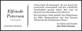 Traueranzeige von Elfriede Petersen von Schleswiger Nachrichten