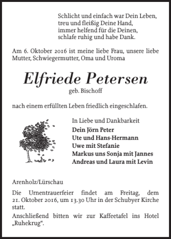 Traueranzeige von Elfriede Petersen von Schleswiger Nachrichten