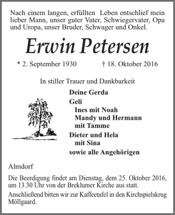 Traueranzeige von Erwin Petersen von Husumer Nachrichten