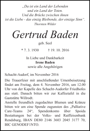 Traueranzeige von Gertrud Baden von Landeszeitung