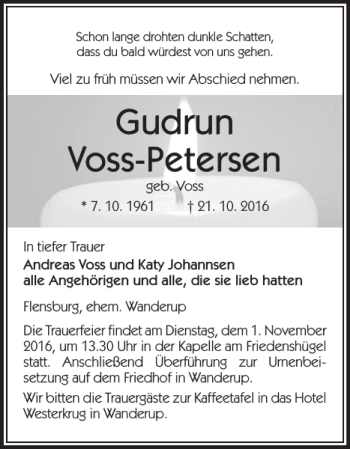 Traueranzeige von Gudrun Voss-Petersen von Flensburger Tageblatt