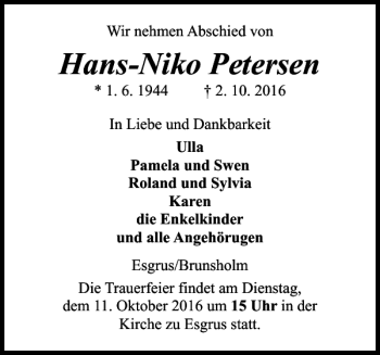 Traueranzeige von Hans-Niko Petersen von Flensburger Tageblatt