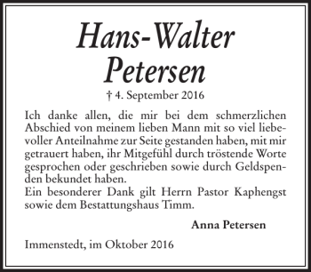 Traueranzeige von Hans-Walter Petersen von Husumer Nachrichten