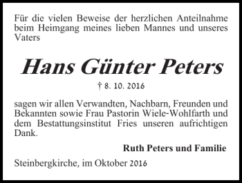 Traueranzeige von Hans Günter Peters von Flensburger Tageblatt