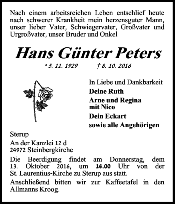 Traueranzeige von Hans Günter Peters von Flensburger Tageblatt