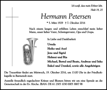 Traueranzeige von Hermann Petersen von Elmshorner Nachrichten