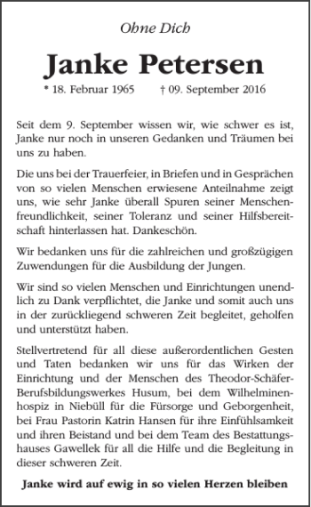 Traueranzeige von Janke Petersen von Husumer Nachrichten