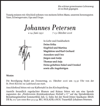 Traueranzeige von Johannes Petersen von Nordfriesland Tageblatt