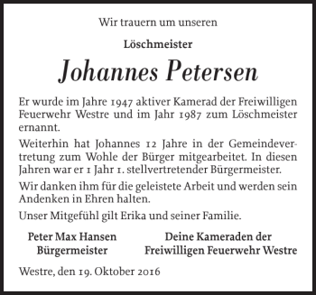 Traueranzeige von Johannes Petersen von Nordfriesland Tageblatt