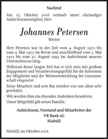 Traueranzeige von Johannes Petersen von Nordfriesland Tageblatt