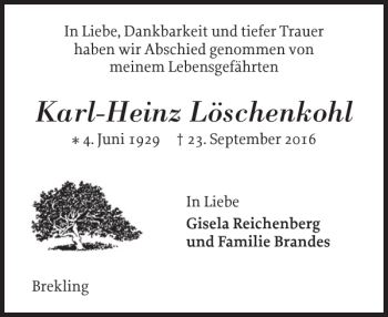 Traueranzeige von Karl-Heinz Löschenkohl von Schleswiger Nachrichten
