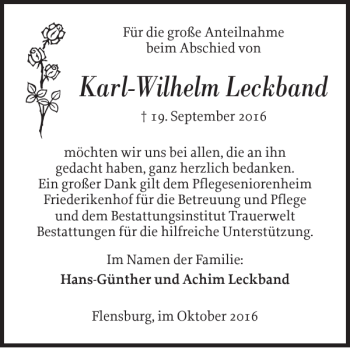 Traueranzeige von Karl-Wilhelm Leckband von Flensburger Tageblatt