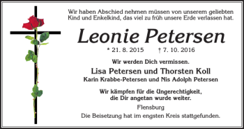 Traueranzeige von Leonie Petersen von Flensburger Tageblatt