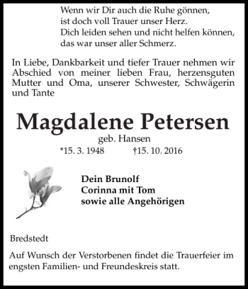 Traueranzeige von Magdalene Petersen von Husumer Nachrichten