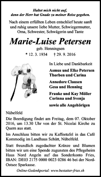 Traueranzeige von Marie-Luise Petersen von Flensburger Tageblatt