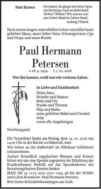 Traueranzeige von Paul Hermann Petersen von Nordfriesland Tageblatt