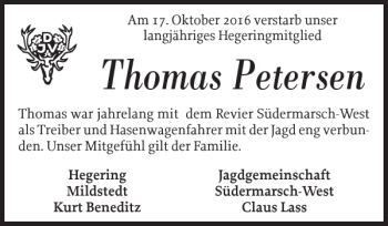 Traueranzeige von Thomas Petersen von Husumer Nachrichten
