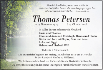 Traueranzeige von Thomas Petersen von Husumer Nachrichten