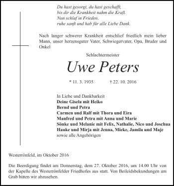 Traueranzeige von Uwe Peters von Landeszeitung