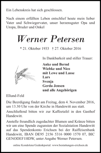 Traueranzeige von Werner Petersen von Flensburger Tageblatt