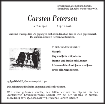 Traueranzeige von Carsten Petersen von Husumer Nachrichten