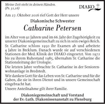 Traueranzeige von Catharine Petersen von Flensburger Tageblatt