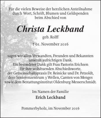 Traueranzeige von Christa Leckband von Eckernförder Zeitung